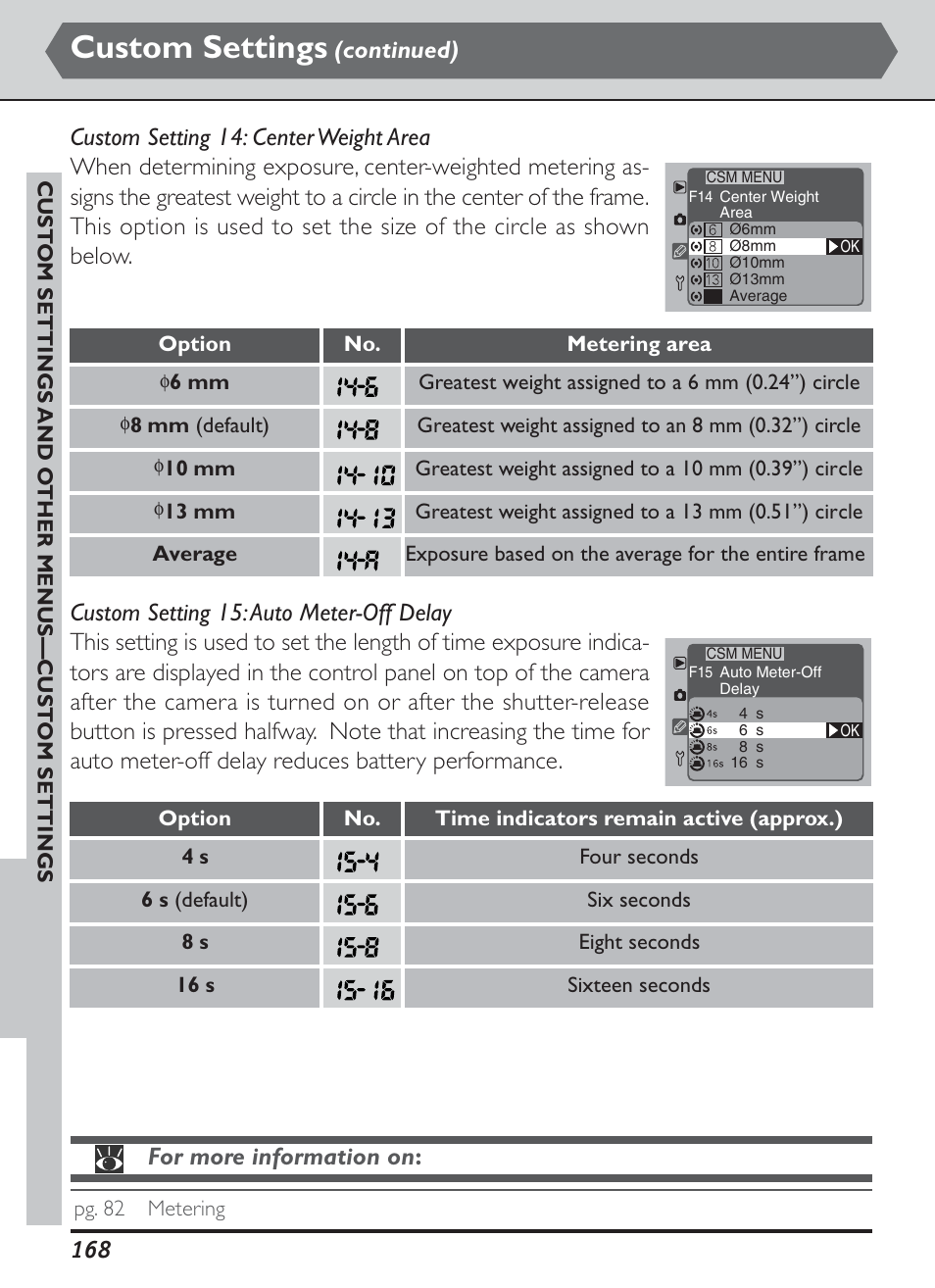 Custom settings, For more information on, Continued) | Nikon D1H User Manual | Page 182 / 238