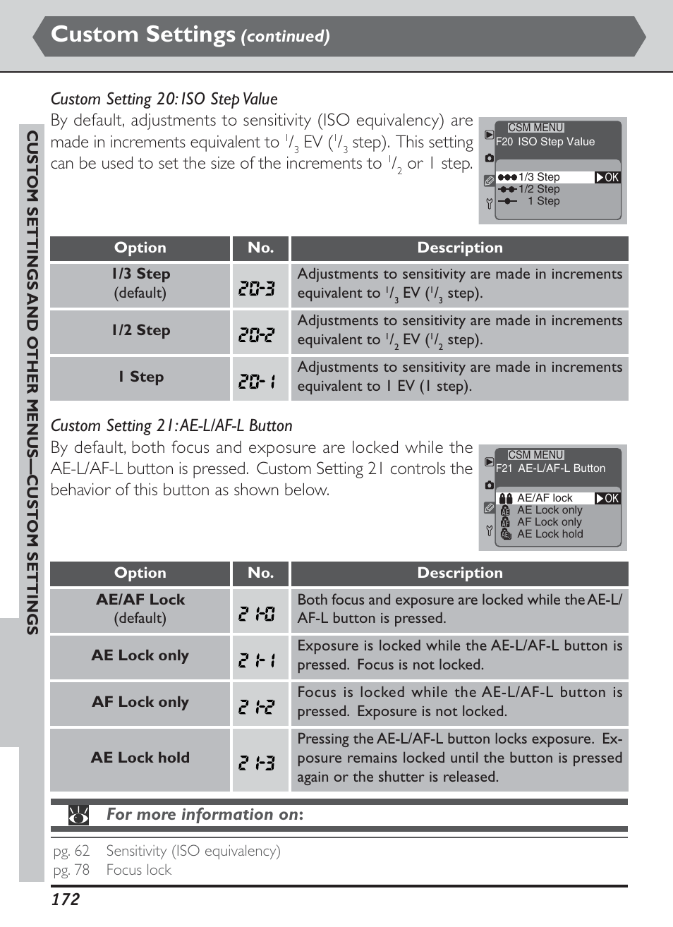 Custom settings, Or 1 step, Continued) | For more information on | Nikon D1H User Manual | Page 186 / 238
