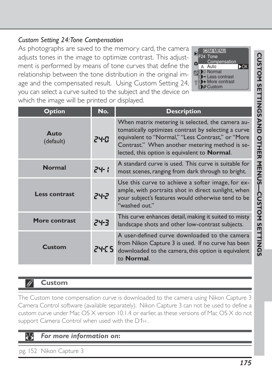 Custom, For more information on | Nikon D1H User Manual | Page 189 / 238