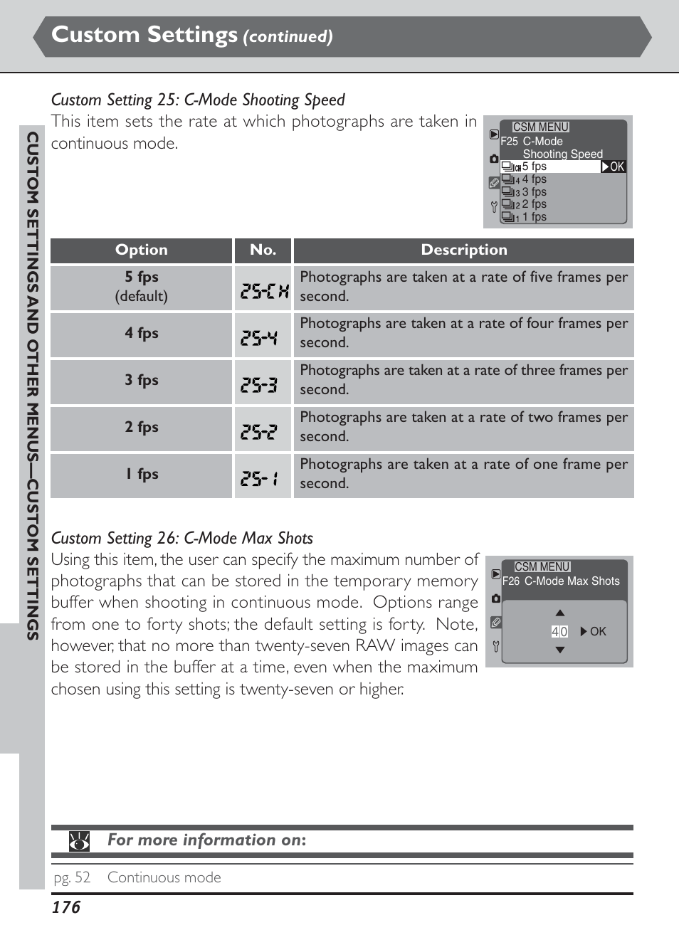 Custom settings, For more information on | Nikon D1H User Manual | Page 190 / 238
