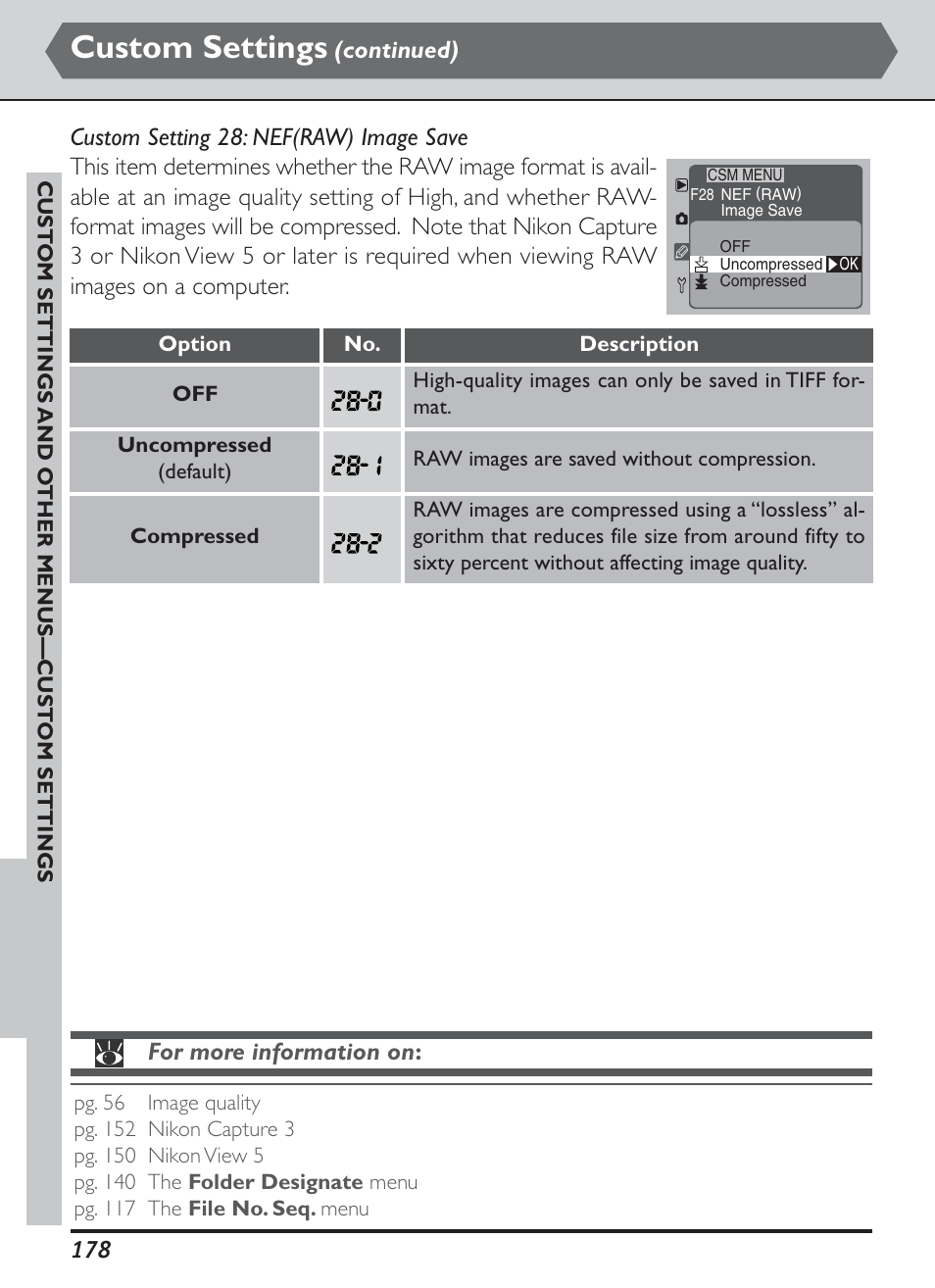 Custom settings | Nikon D1H User Manual | Page 192 / 238