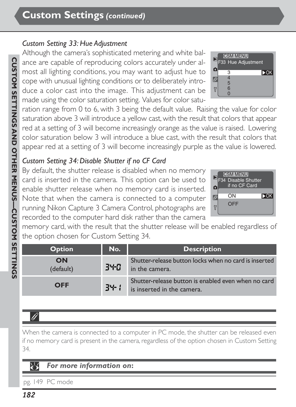 Custom settings, For more information on | Nikon D1H User Manual | Page 196 / 238