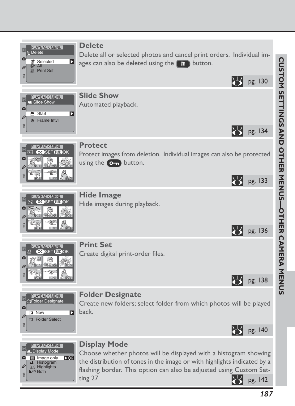 Delete, Slide show, Protect | Hide image, Print set, Folder designate, Display mode, Automated playback, Hide images during playback, Create digital print-order files | Nikon D1H User Manual | Page 201 / 238