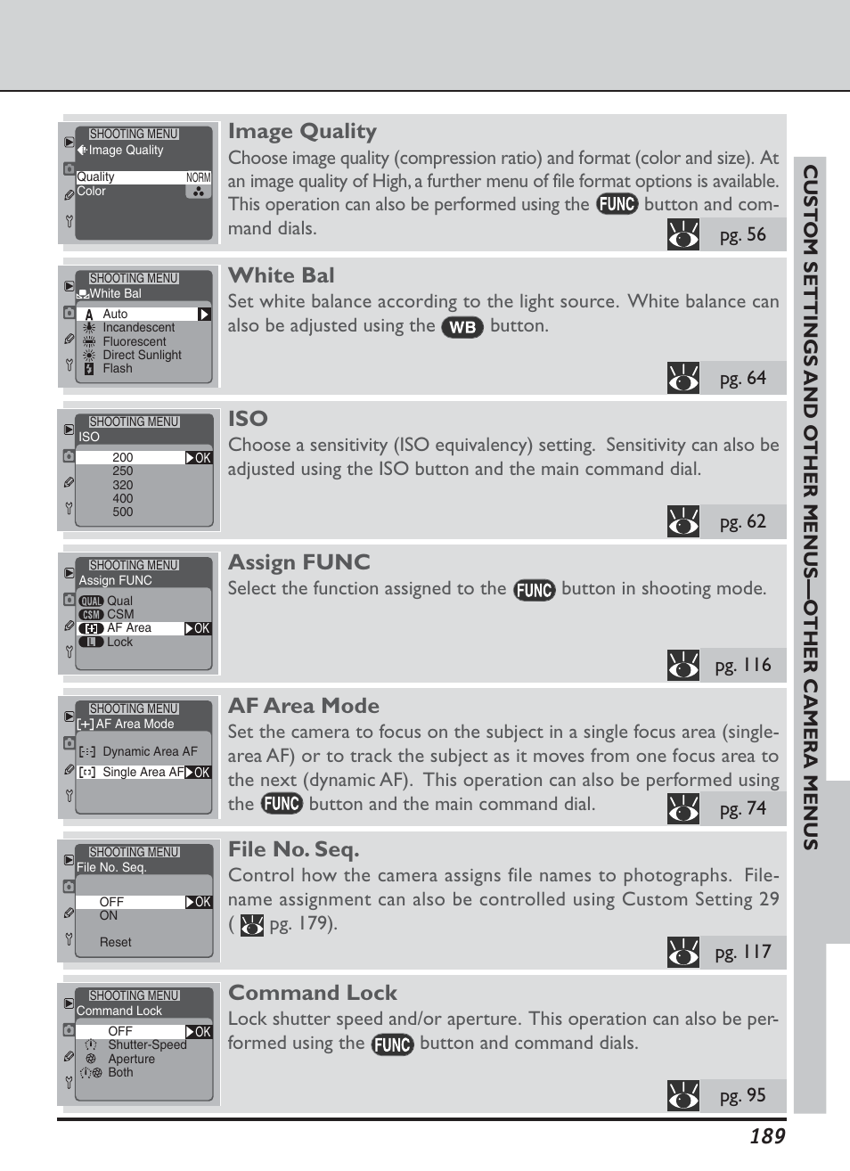 Image quality, White bal, Assign func | Af area mode, File no. seq, Command lock | Nikon D1H User Manual | Page 203 / 238