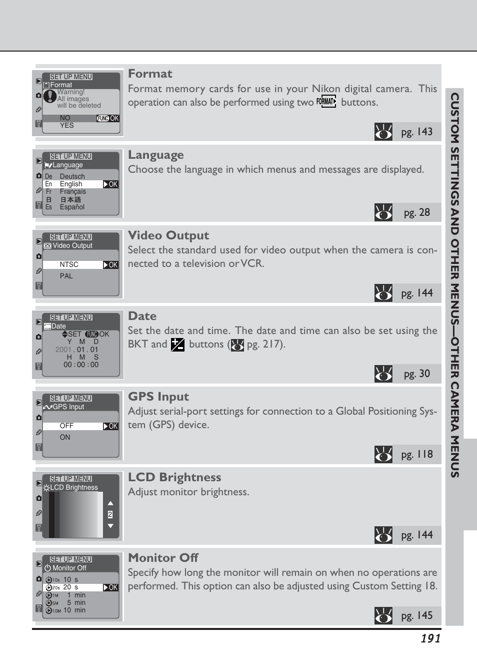 Monitor off, Format, Language | Video output, Date, Gps input, Lcd brightness, Adjust monitor brightness | Nikon D1H User Manual | Page 205 / 238