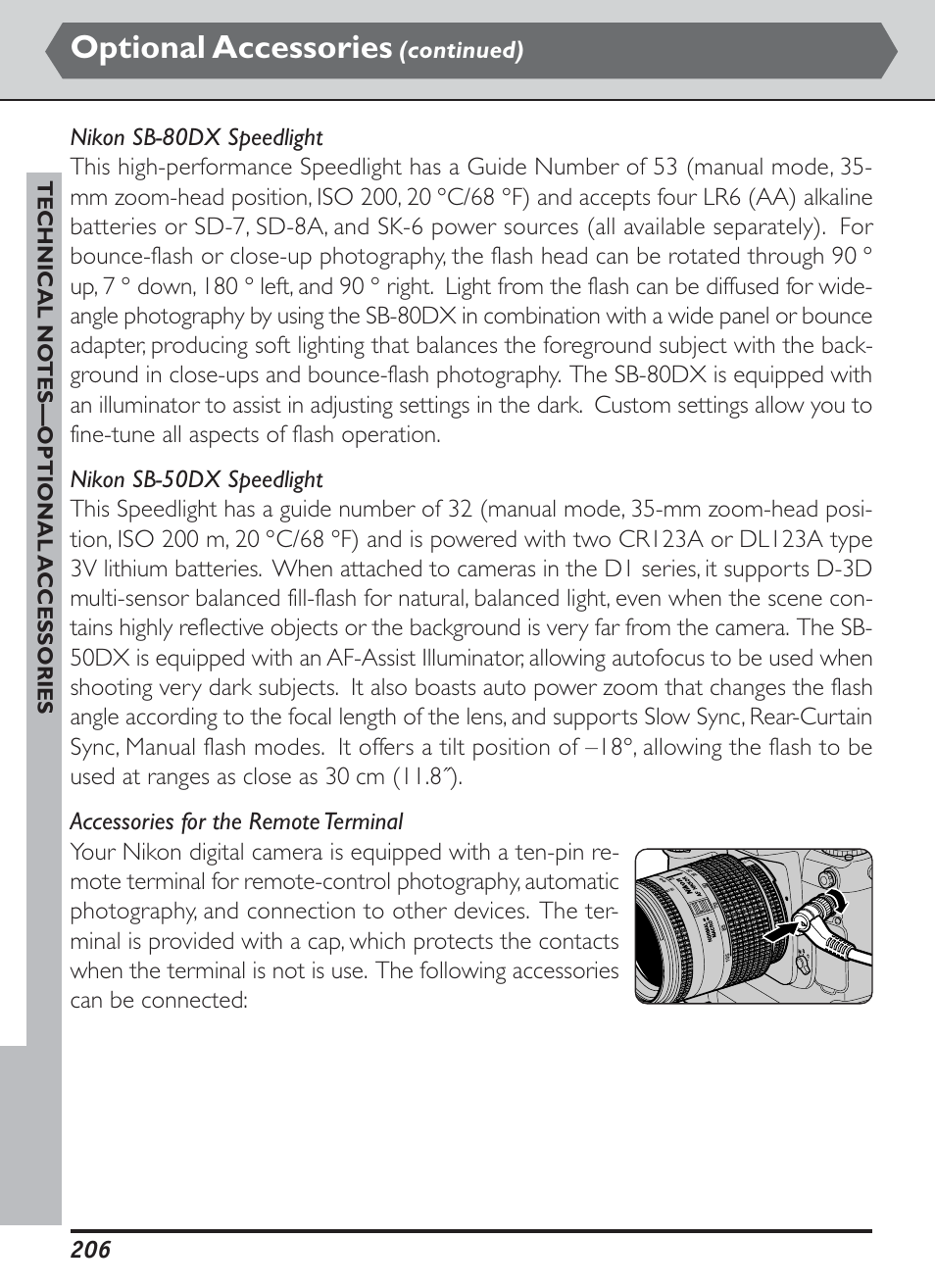 Optional accessories, Technical no tes—optional a ccessories | Nikon D1H User Manual | Page 220 / 238