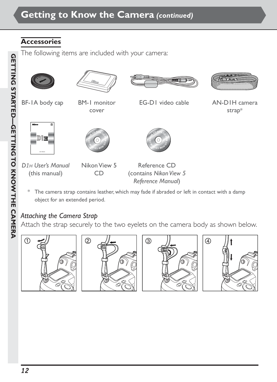 Getting to know the camera, Continued), Getting st ar ted—getting to kno w the camera | Bf-1a body cap, User’s manual (this manual) | Nikon D1H User Manual | Page 26 / 238