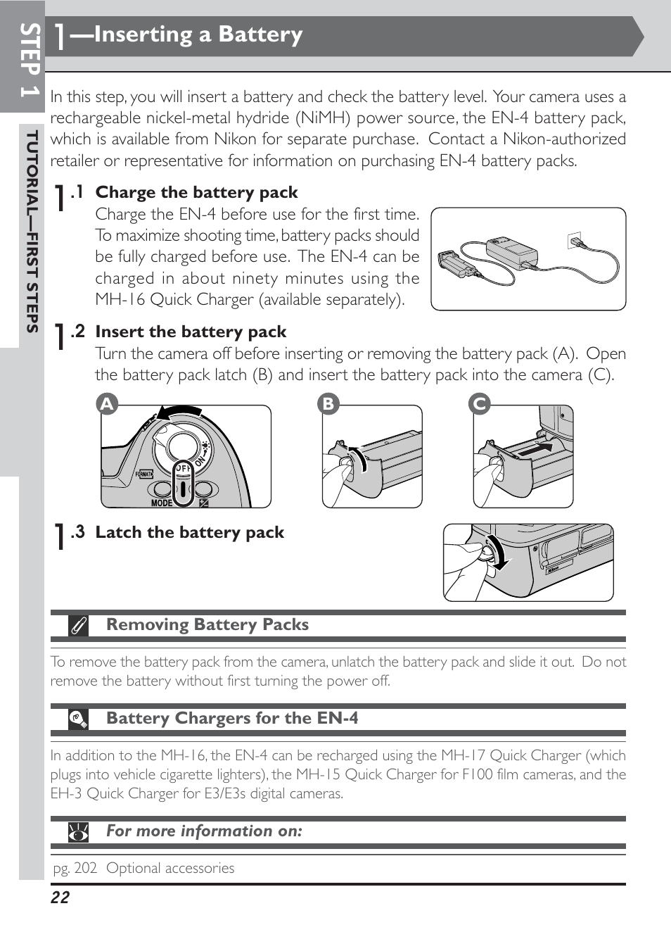 Step 1, Inserting a battery | Nikon D1H User Manual | Page 36 / 238