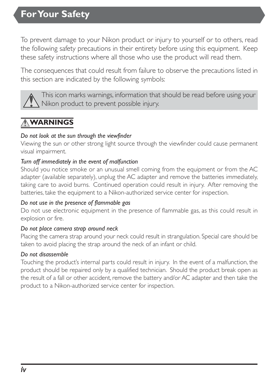 For your safety | Nikon D1H User Manual | Page 4 / 238