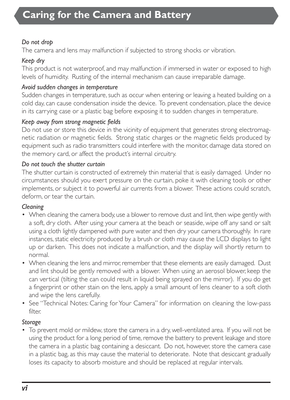 Caring for the camera and battery | Nikon D1H User Manual | Page 6 / 238