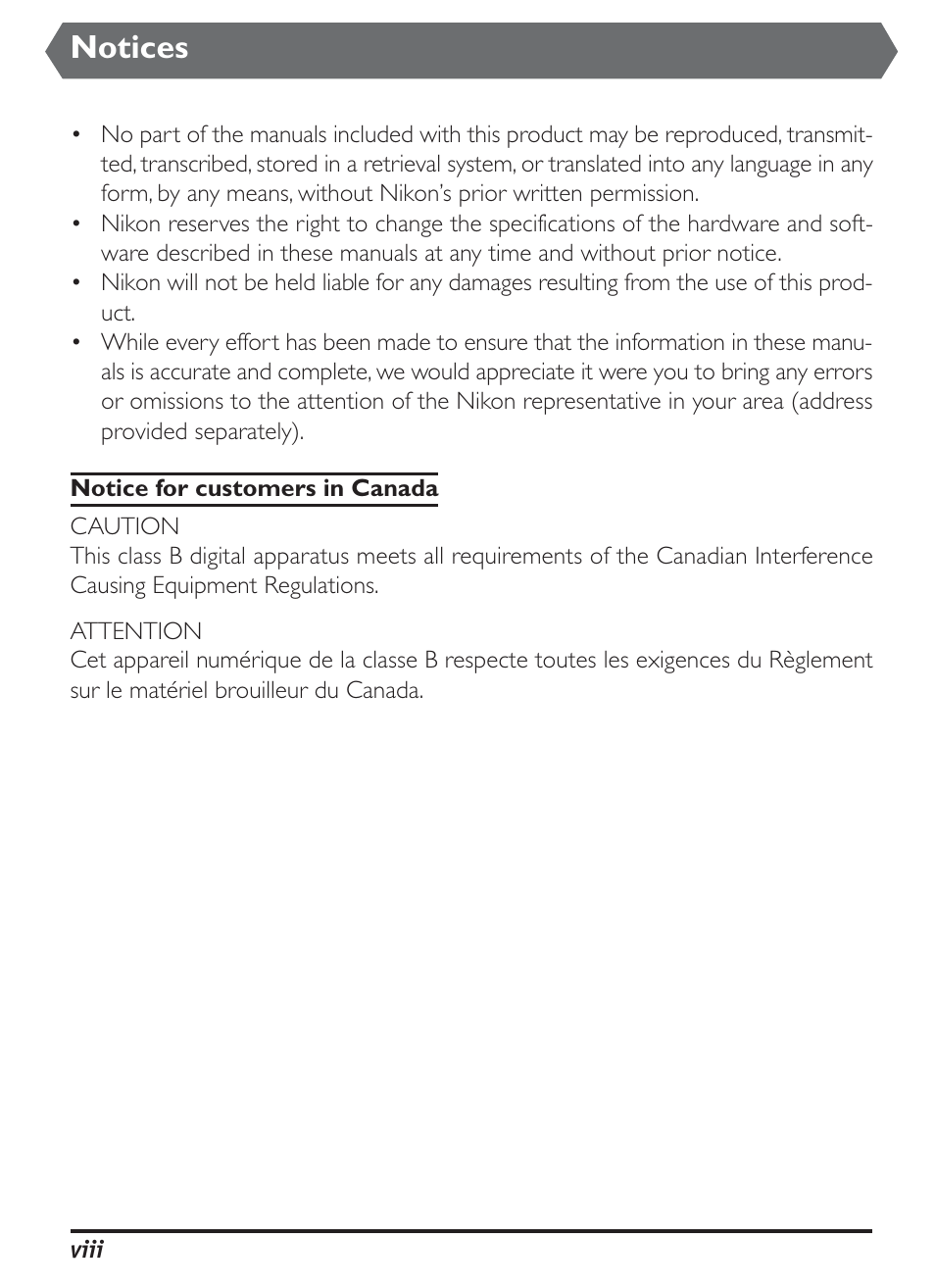 Notices | Nikon D1H User Manual | Page 8 / 238