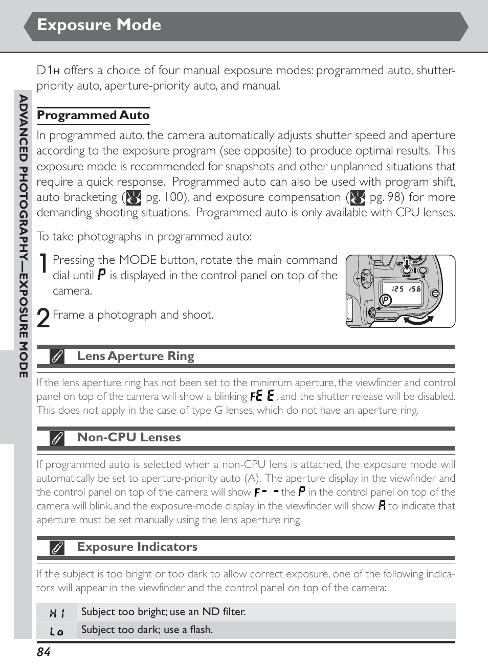 Exposure mode | Nikon D1H User Manual | Page 98 / 238