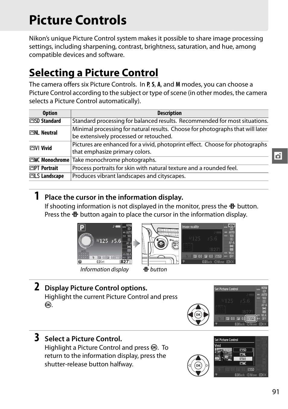 Picture controls, Selecting a picture control | Nikon D5100 User Manual | Page 109 / 260