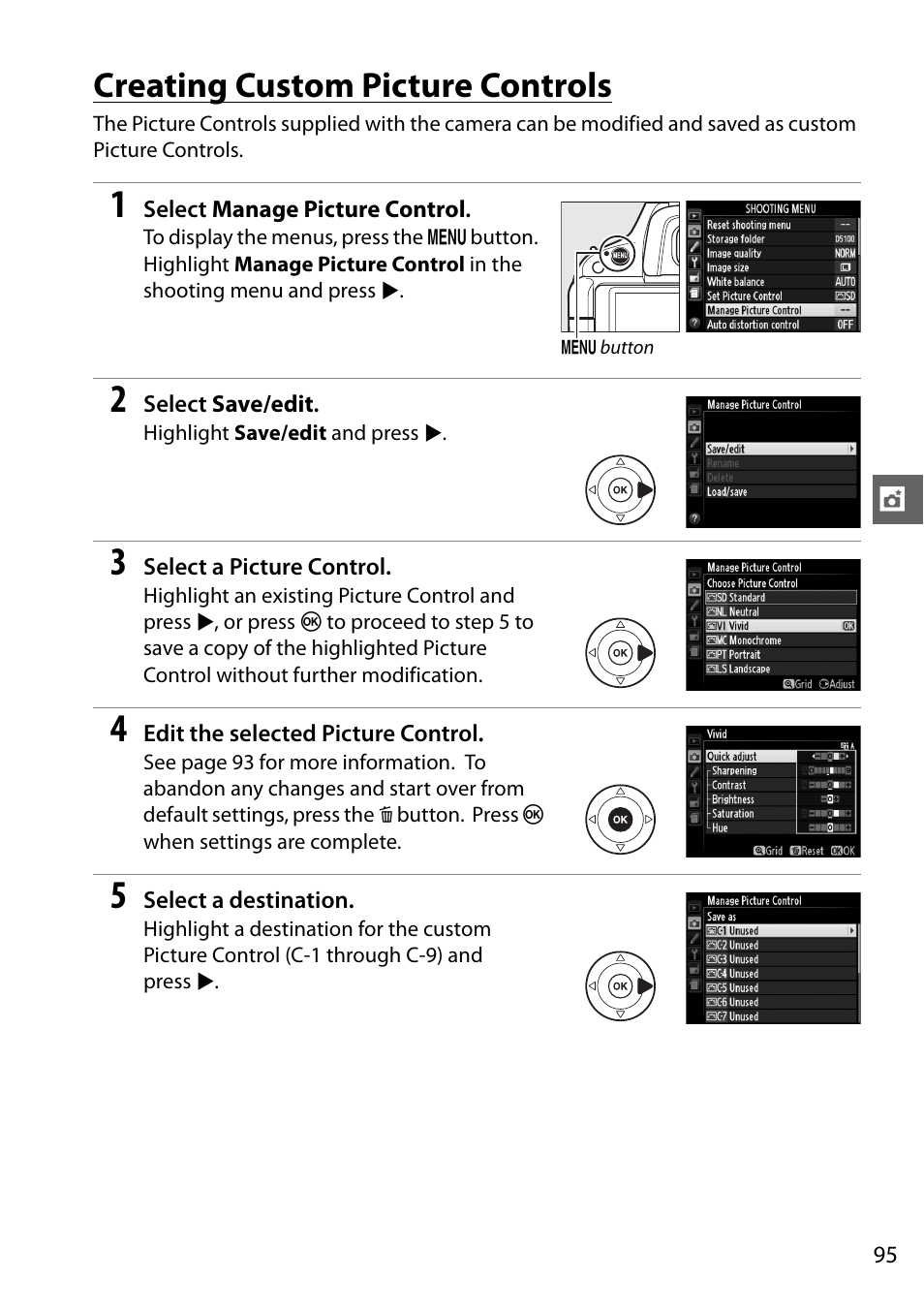 Creating custom picture controls | Nikon D5100 User Manual | Page 113 / 260