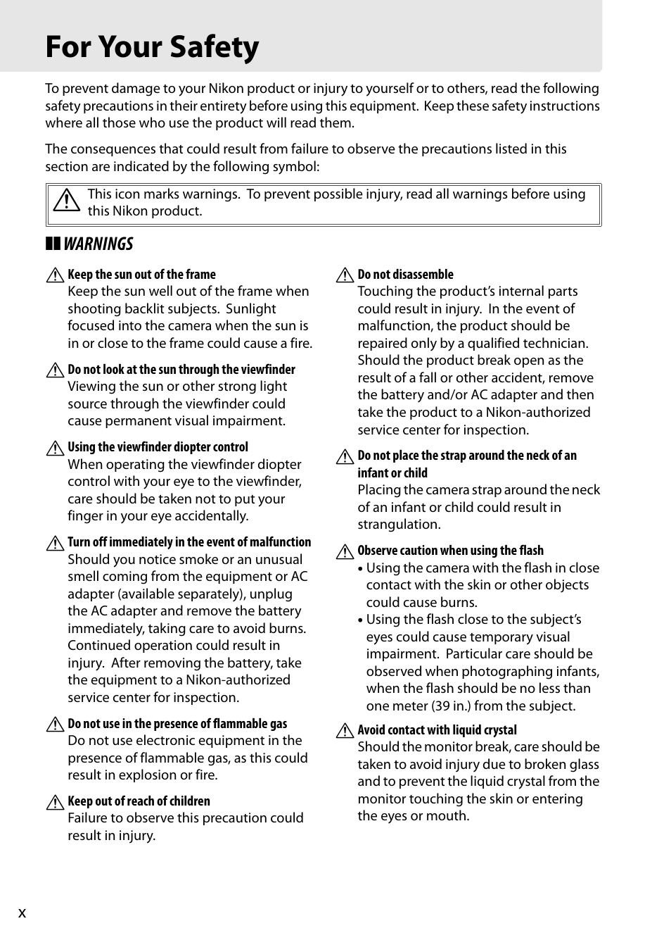 For your safety, Warnings a | Nikon D5100 User Manual | Page 12 / 260