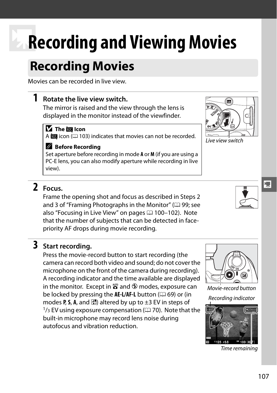 Recording and viewing movies, Recording movies | Nikon D5100 User Manual | Page 125 / 260