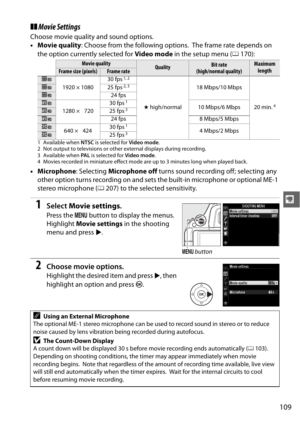 Movie settings, Select movie settings, Choose movie options | Nikon D5100 User Manual | Page 127 / 260