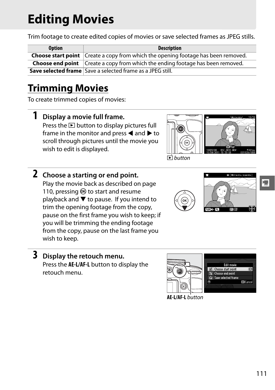 Editing movies, Trimming movies | Nikon D5100 User Manual | Page 129 / 260