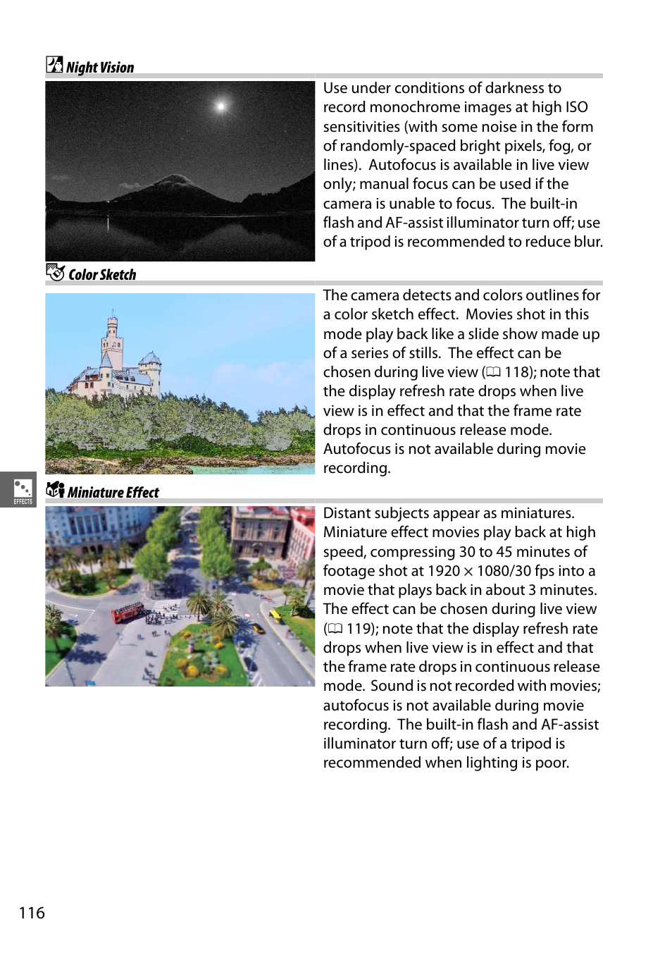 Night vision, Color sketch, Miniature effect | Nikon D5100 User Manual | Page 134 / 260