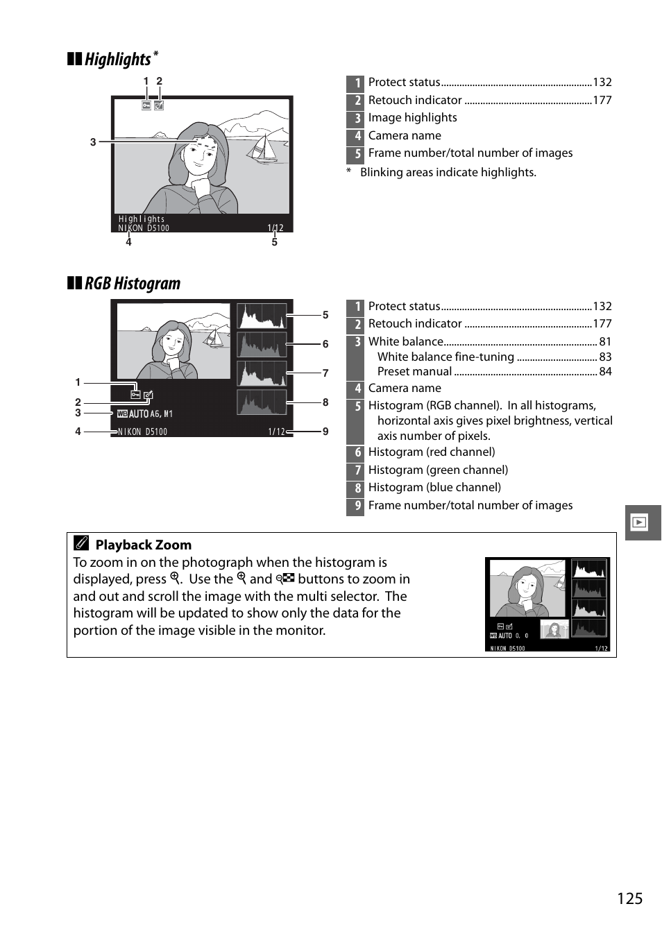 Highlights, Rgb histogram | Nikon D5100 User Manual | Page 143 / 260