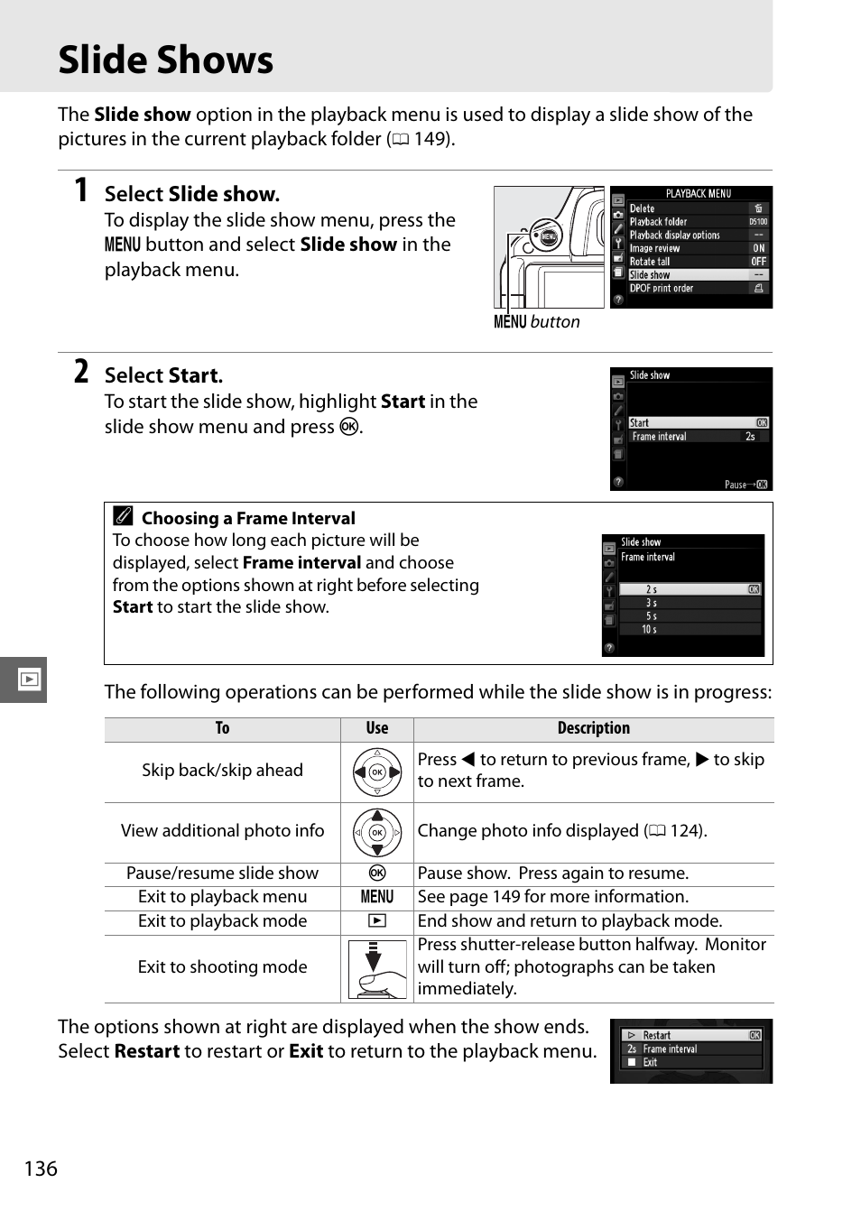 Slide shows | Nikon D5100 User Manual | Page 154 / 260