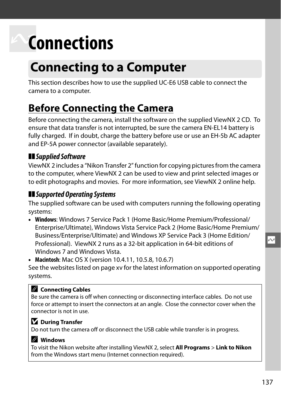 Connections, Connecting to a computer, Before connecting the camera | Nikon D5100 User Manual | Page 155 / 260