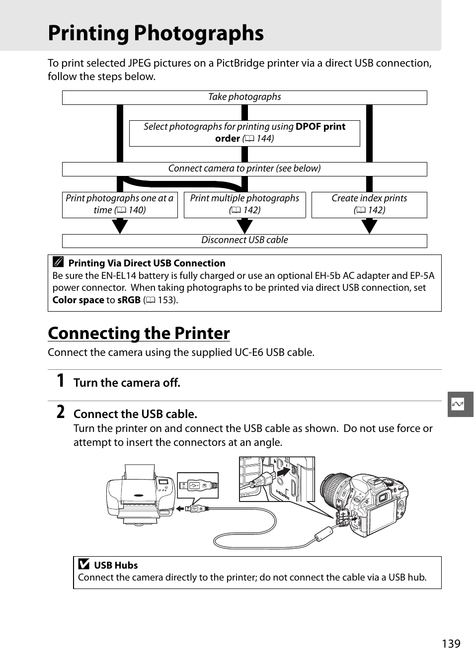 Printing photographs, Connecting the printer | Nikon D5100 User Manual | Page 157 / 260