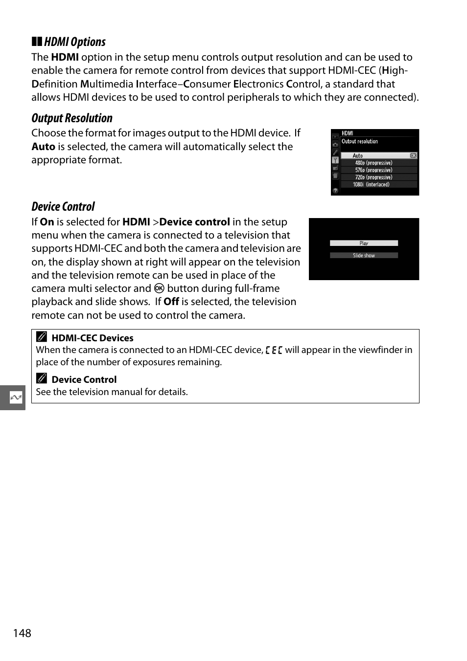 Hdmi options, Output resolution, Device control | Nikon D5100 User Manual | Page 166 / 260