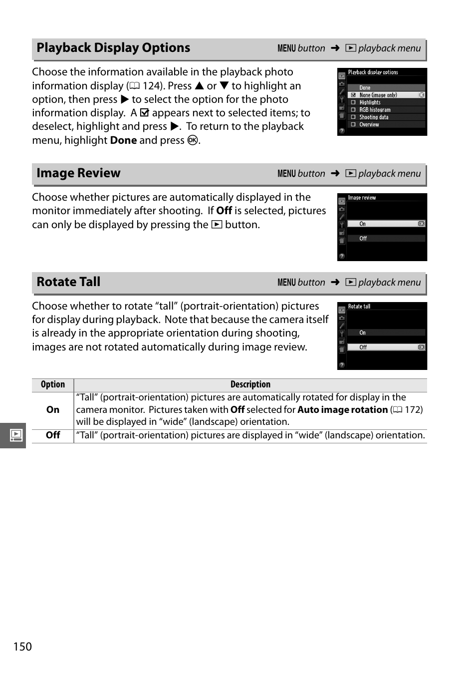 Playback display options, Image review, Rotate tall | Nikon D5100 User Manual | Page 168 / 260