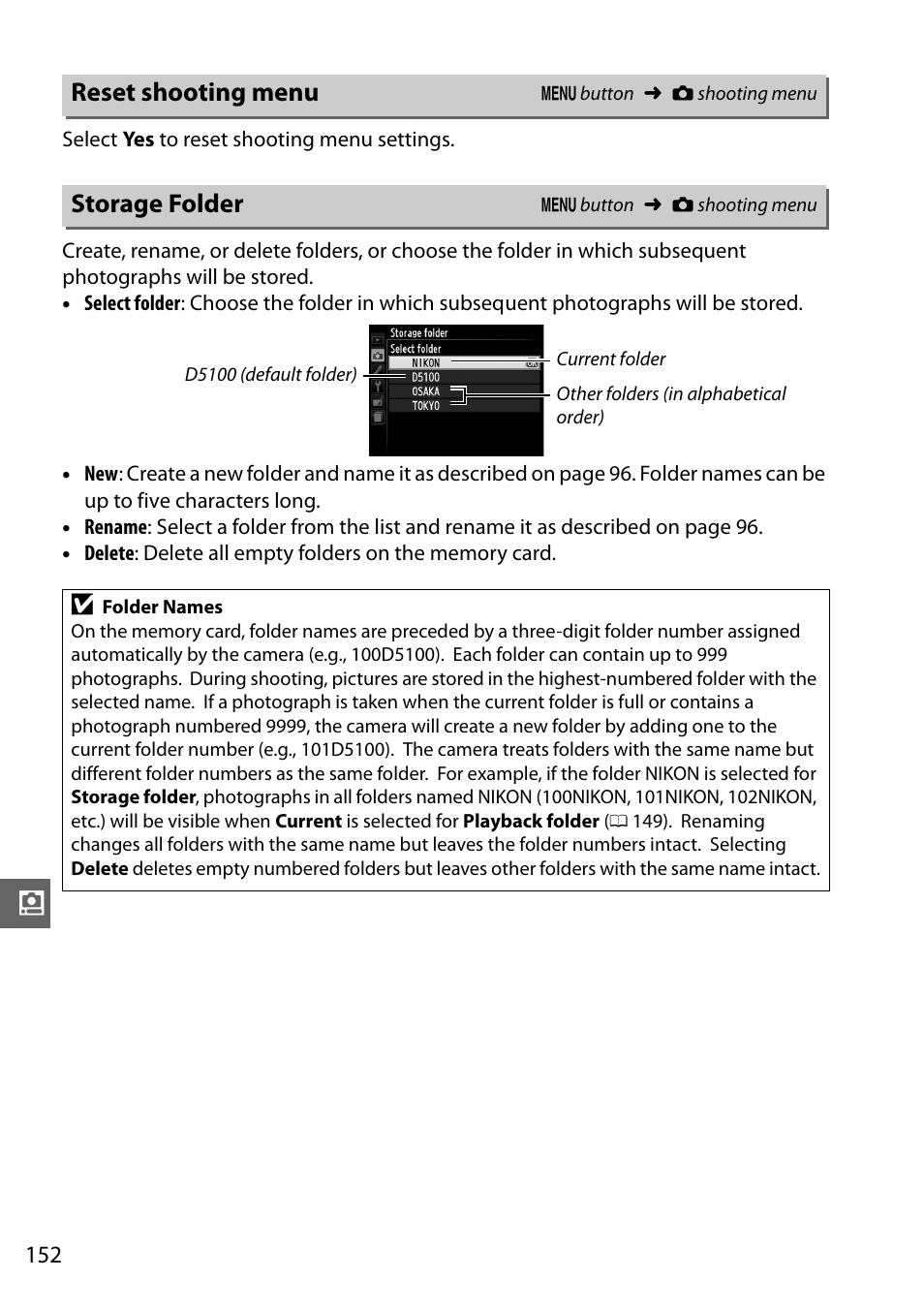 Reset shooting menu, Storage folder | Nikon D5100 User Manual | Page 170 / 260