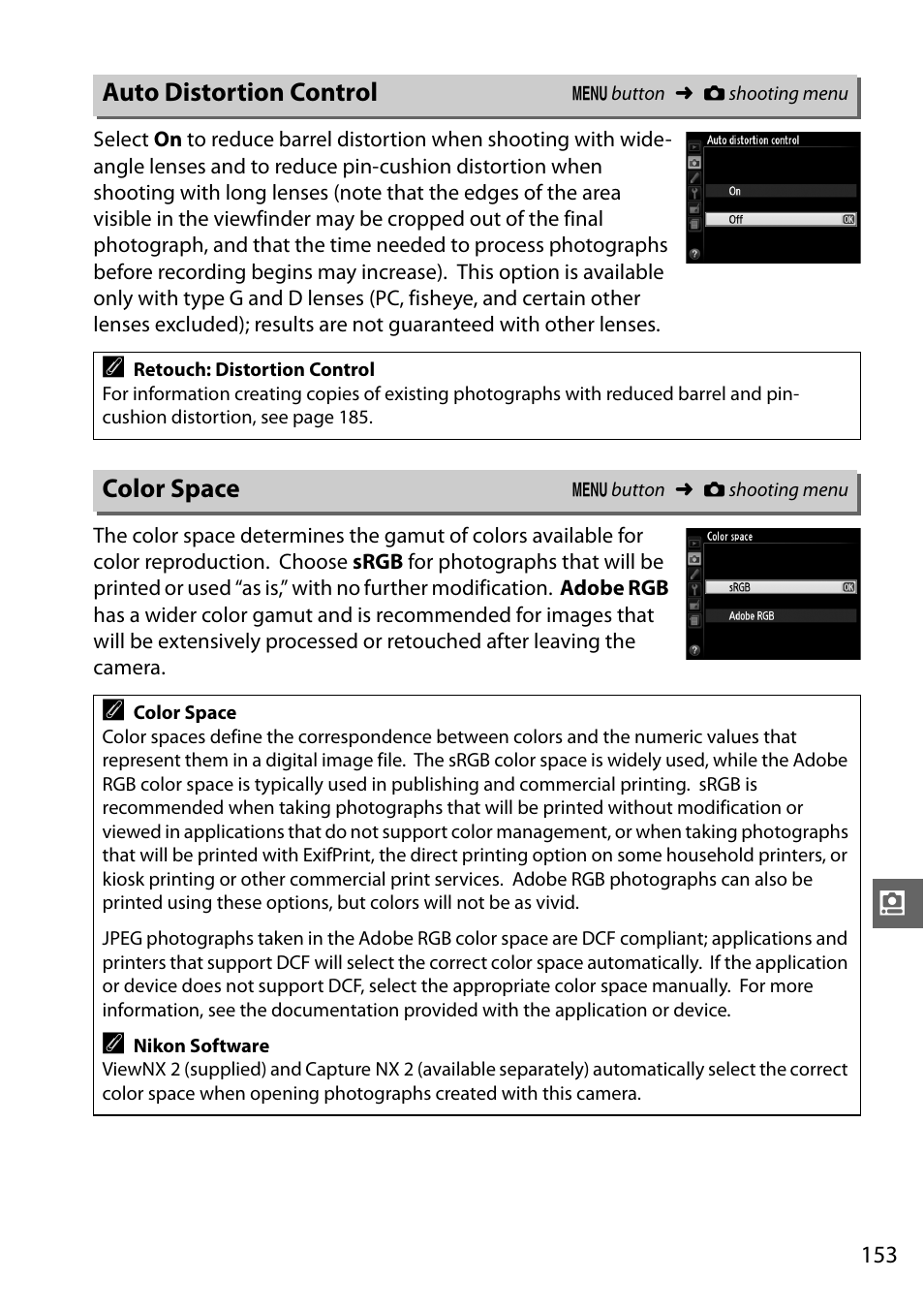 Auto distortion control, Color space | Nikon D5100 User Manual | Page 171 / 260