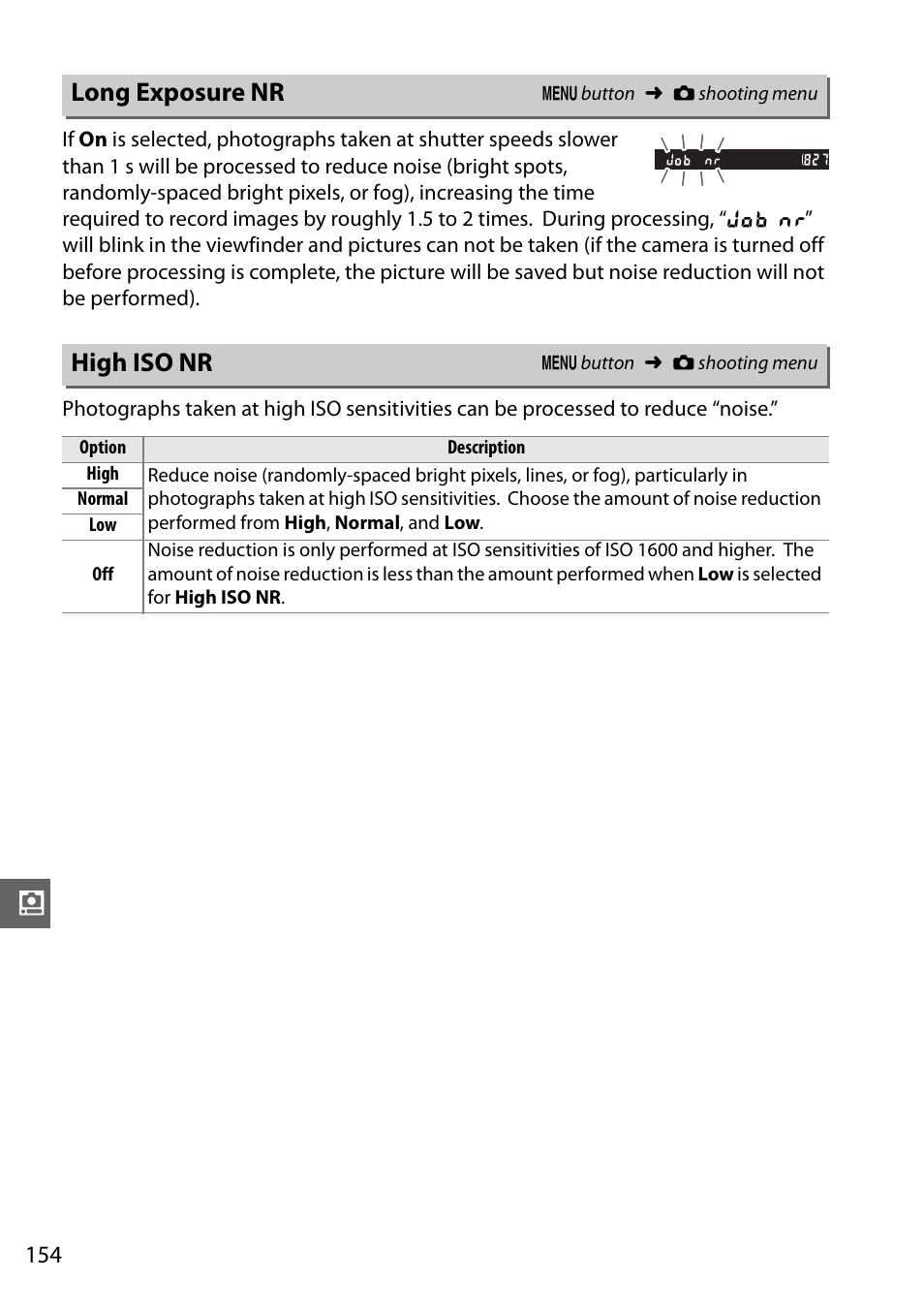 Long exposure nr, High iso nr | Nikon D5100 User Manual | Page 172 / 260