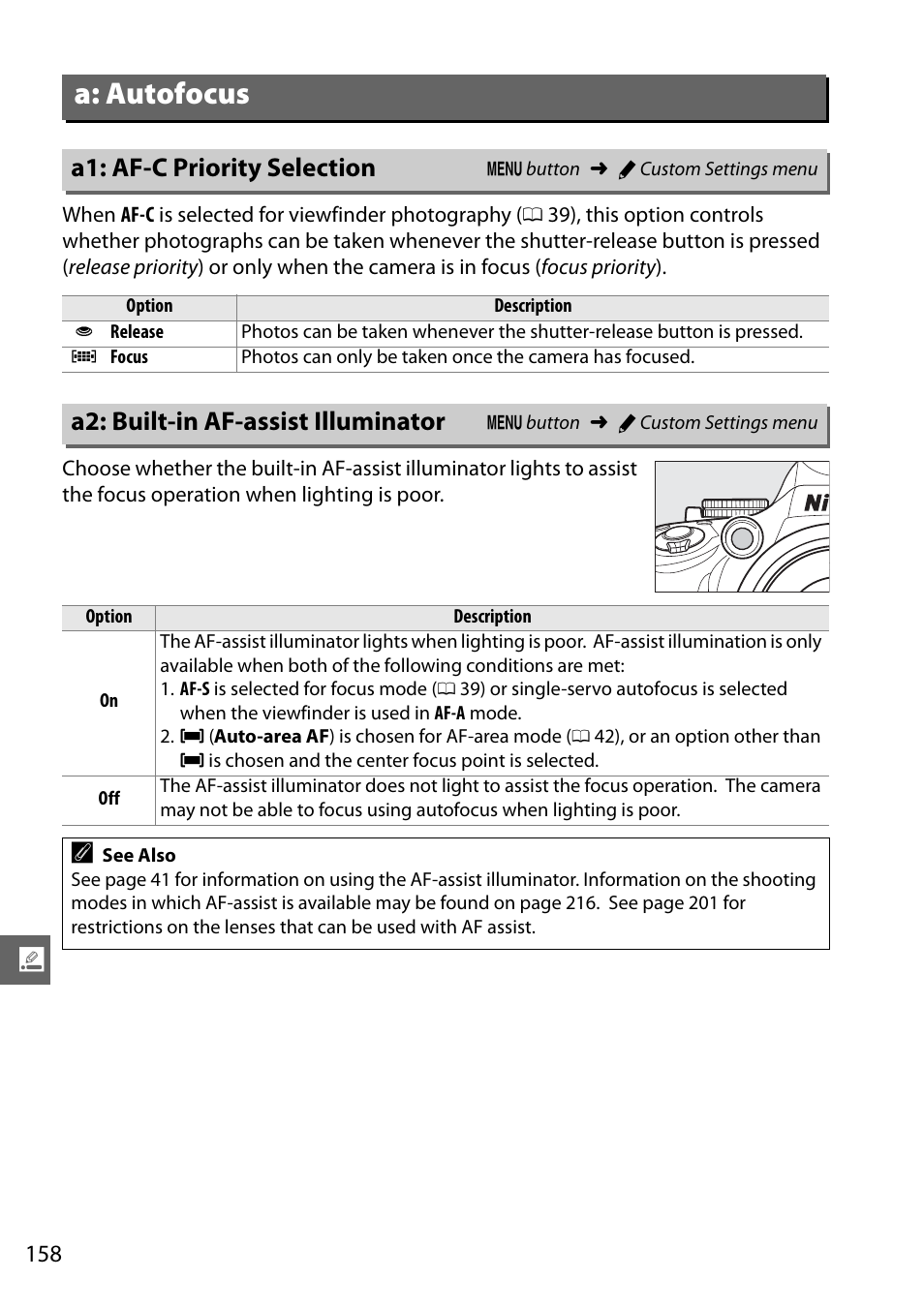 A: autofocus, A1: af-c priority selection, A2: built-in af-assist illuminator | Nikon D5100 User Manual | Page 176 / 260