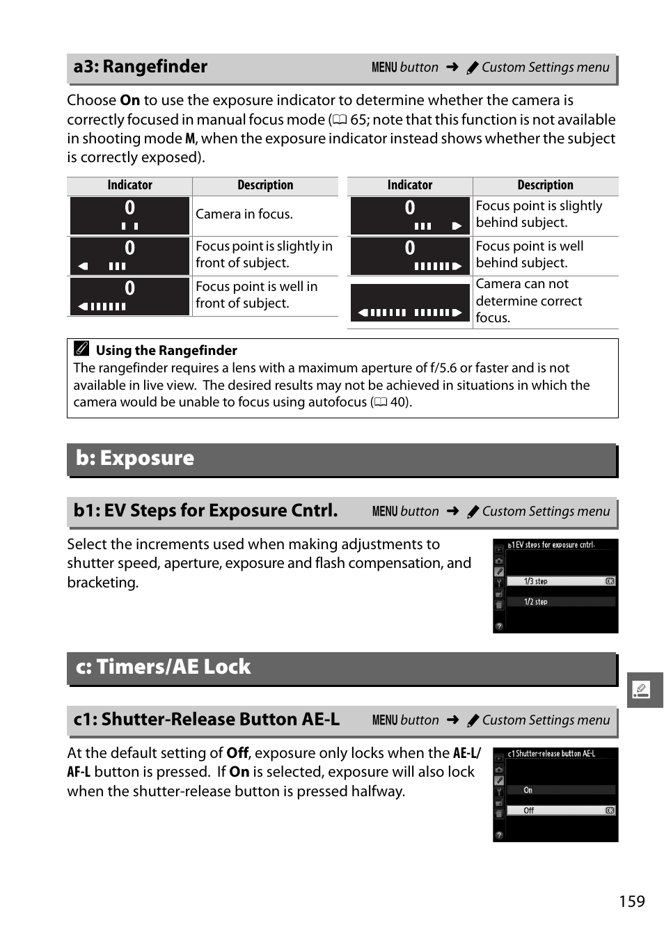 A3: rangefinder, B: exposure, B1: ev steps for exposure cntrl | C: timers/ae lock, C1: shutter-release button ae-l | Nikon D5100 User Manual | Page 177 / 260