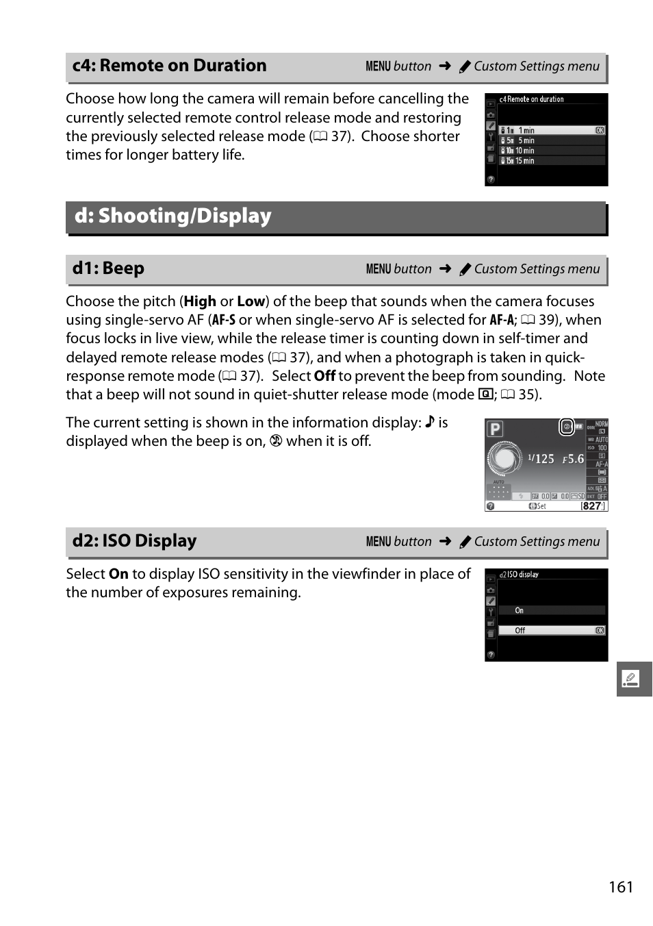 C4: remote on duration, D: shooting/display, D1: beep | D2: iso display | Nikon D5100 User Manual | Page 179 / 260