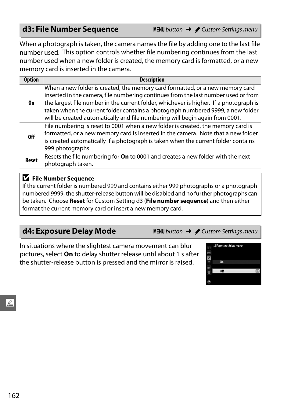 D3: file number sequence, D4: exposure delay mode | Nikon D5100 User Manual | Page 180 / 260