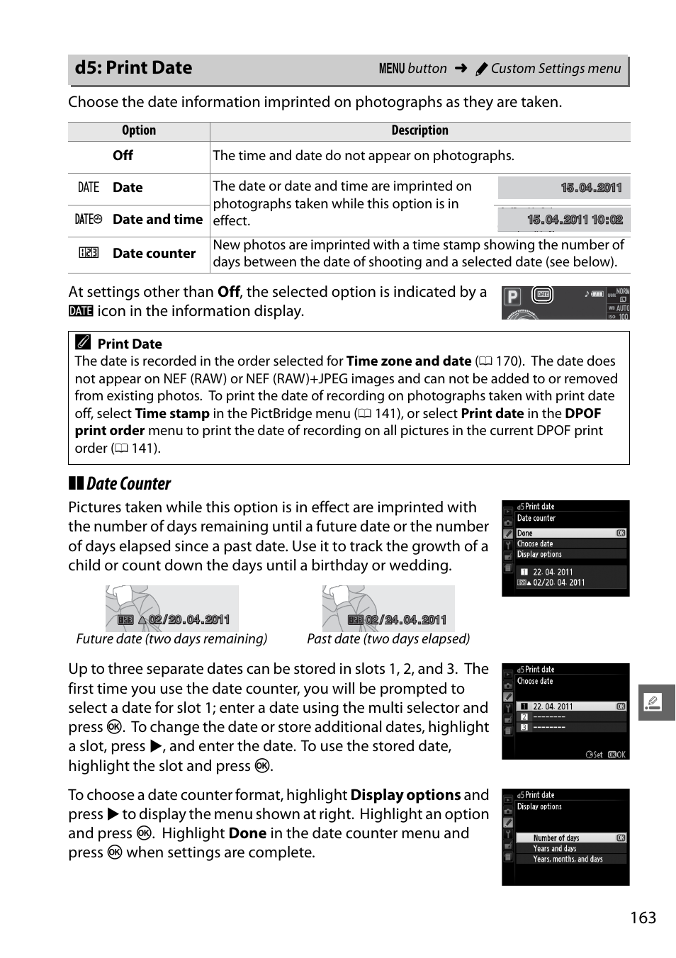 D5: print date, Date counter | Nikon D5100 User Manual | Page 181 / 260