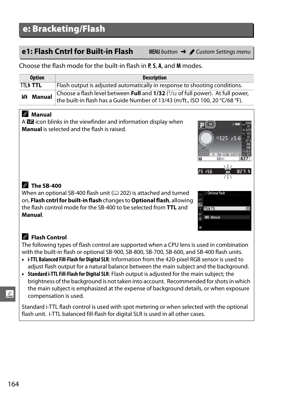 E: bracketing/flash, E1: flash cntrl for built-in flash | Nikon D5100 User Manual | Page 182 / 260