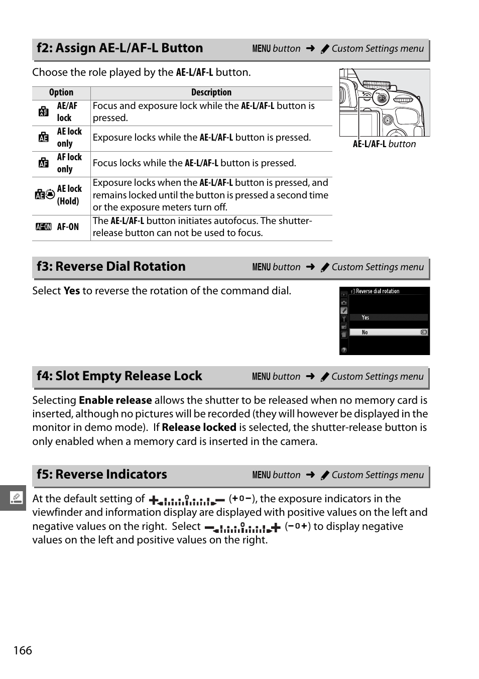 F2: assign ae-l/af-l button, F3: reverse dial rotation, F4: slot empty release lock | F5: reverse indicators | Nikon D5100 User Manual | Page 184 / 260