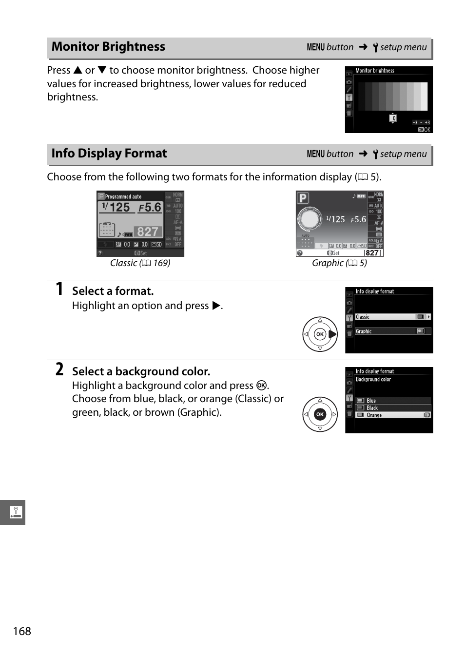 Monitor brightness, Info display format | Nikon D5100 User Manual | Page 186 / 260