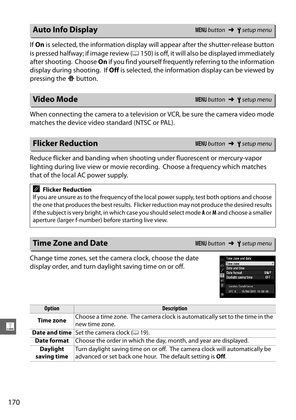 Auto info display, Video mode, Flicker reduction | Time zone and date | Nikon D5100 User Manual | Page 188 / 260