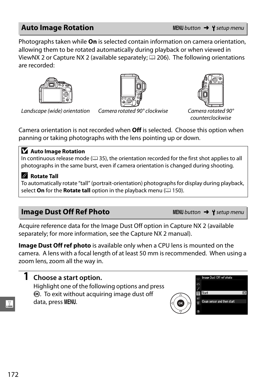 Auto image rotation, Image dust off ref photo | Nikon D5100 User Manual | Page 190 / 260