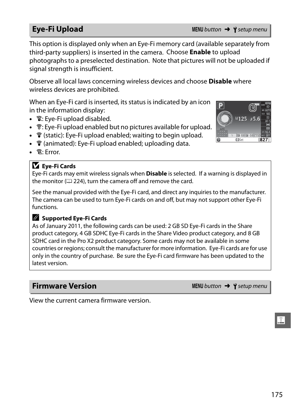 Eye-fi upload, Firmware version | Nikon D5100 User Manual | Page 193 / 260