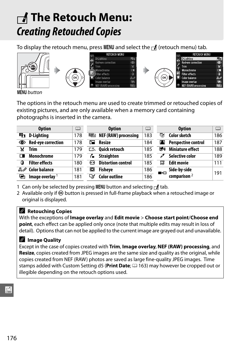 The retouch menu:creating retouched copies, N the retouch menu: creating retouched copies | Nikon D5100 User Manual | Page 194 / 260