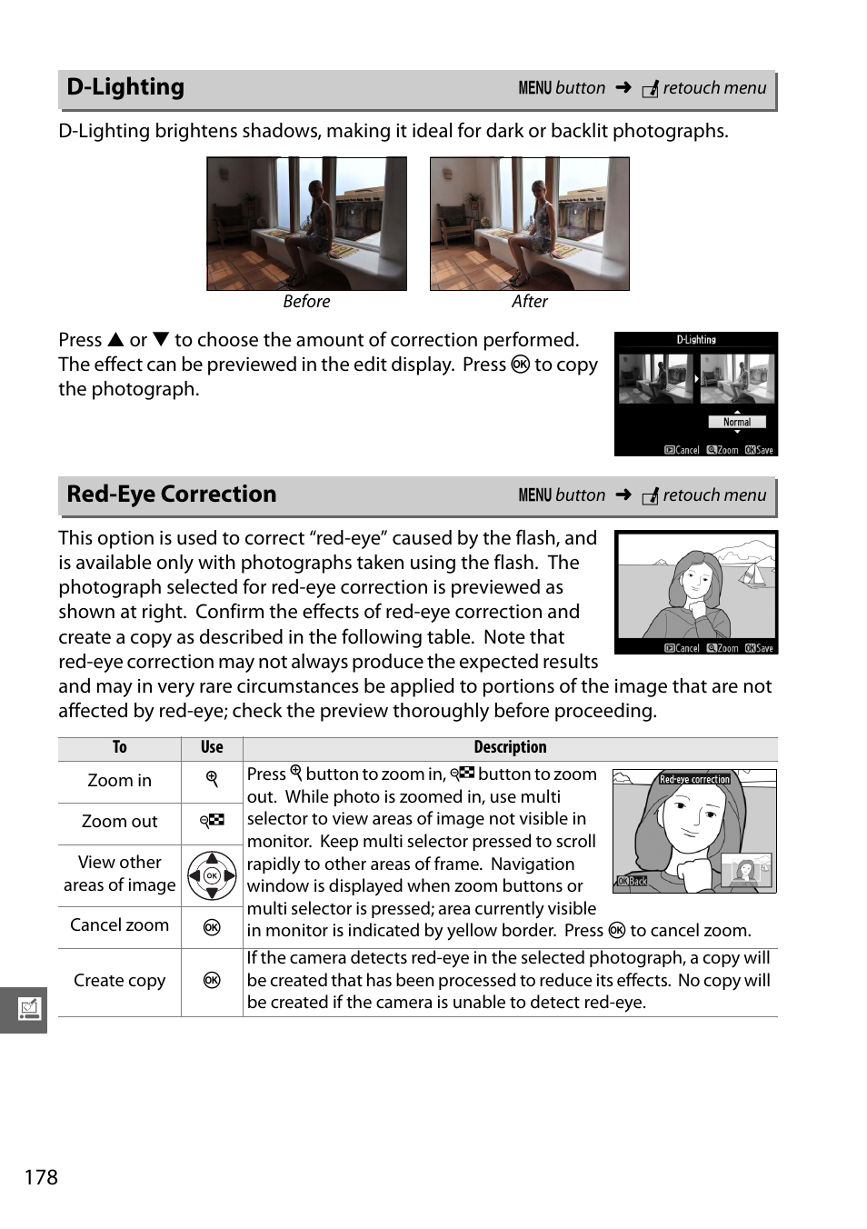 D-lighting, Red-eye correction | Nikon D5100 User Manual | Page 196 / 260