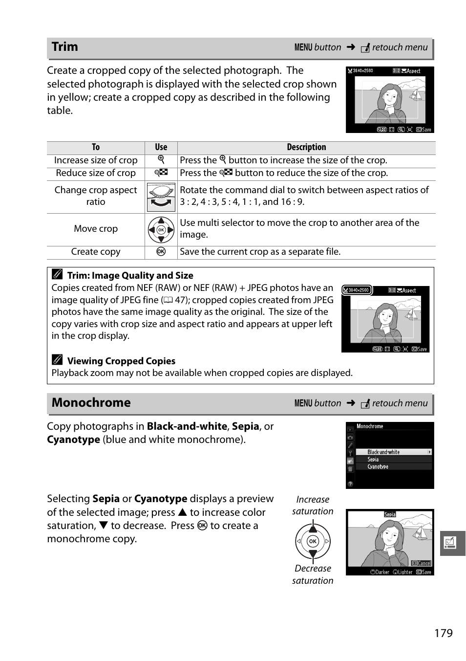 Trim, Monochrome | Nikon D5100 User Manual | Page 197 / 260