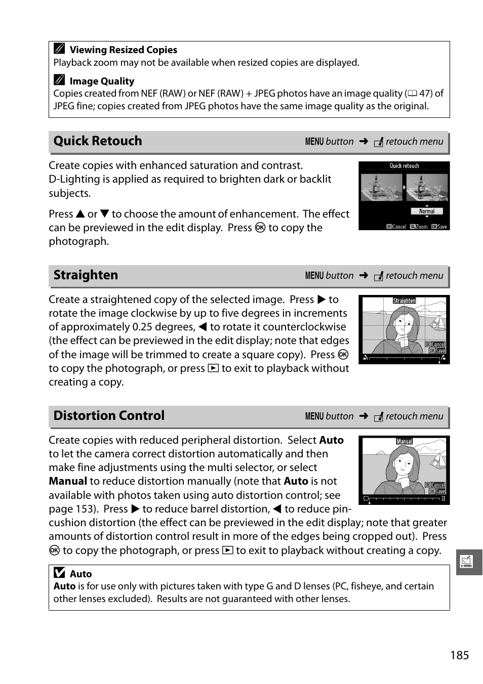 Quick retouch, Straighten, Distortion control | Nikon D5100 User Manual | Page 203 / 260