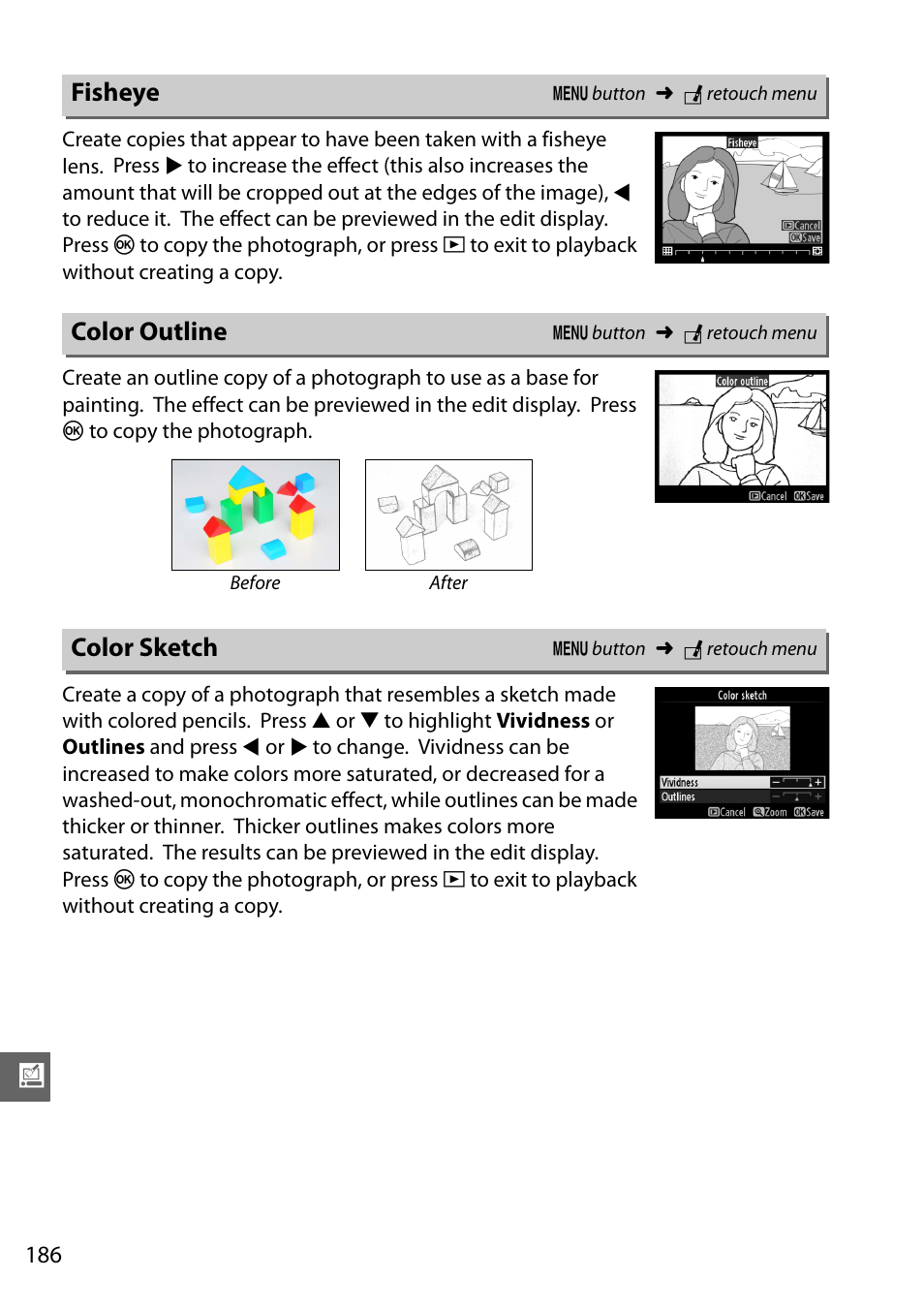 Fisheye, Color outline, Color sketch | Nikon D5100 User Manual | Page 204 / 260