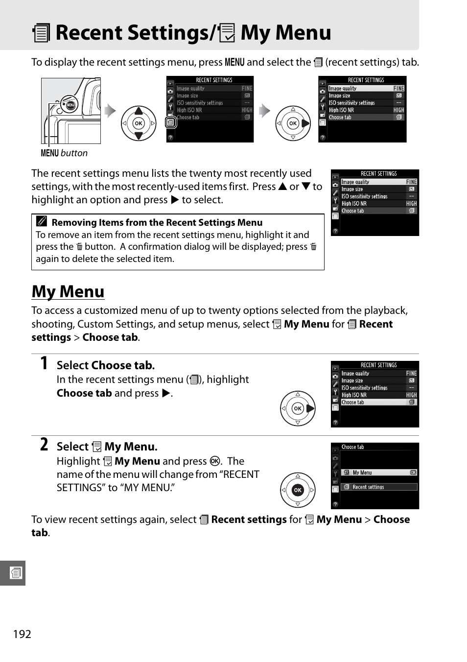 Recent settings/my menu, My menu, M recent settings/ o my menu | Nikon D5100 User Manual | Page 210 / 260