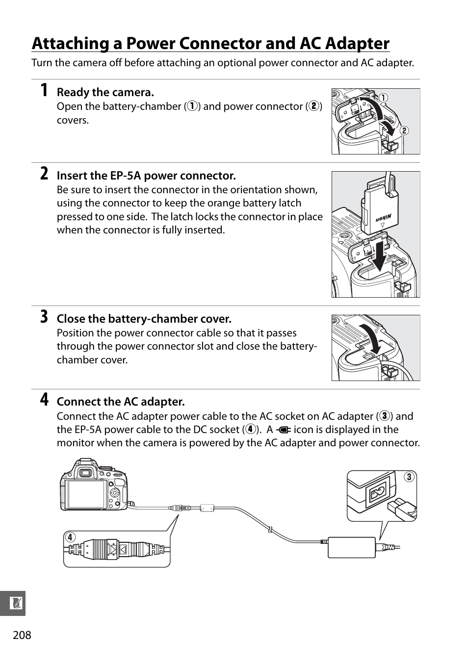 Attaching a power connector and ac adapter | Nikon D5100 User Manual | Page 226 / 260